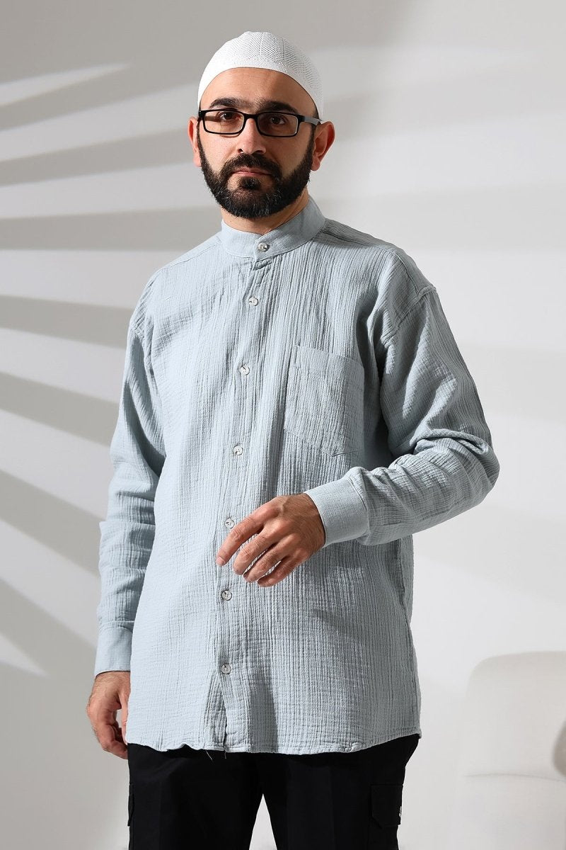 Men's Muslin Shirt, Mandarin Collar, Long Sleeves, Breathable Cotton Fabric, Blue - ihvan