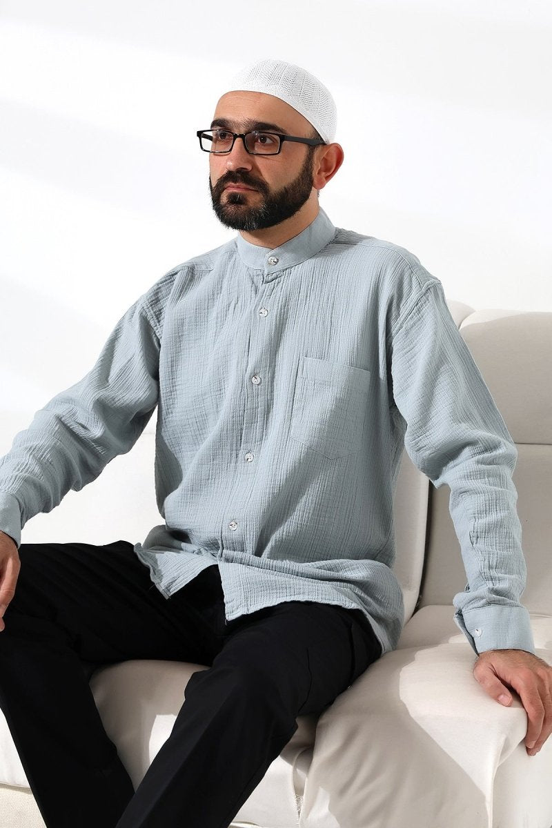 Men's Muslin Shirt, Mandarin Collar, Long Sleeves, Breathable Cotton Fabric, Blue - ihvan