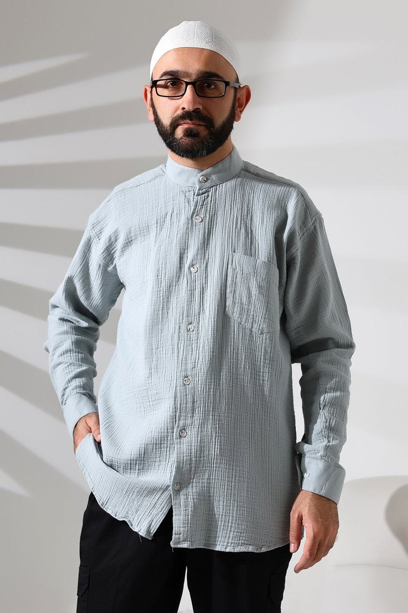 Men's Muslin Shirt, Mandarin Collar, Long Sleeves, Breathable Cotton Fabric, Blue - ihvan