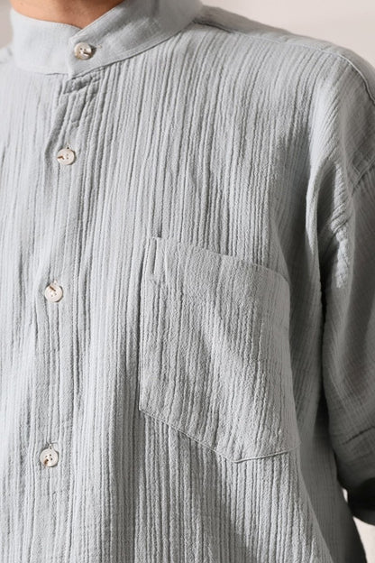 Men's Muslin Shirt, Mandarin Collar, Long Sleeves, Breathable Cotton Fabric, Blue - ihvan