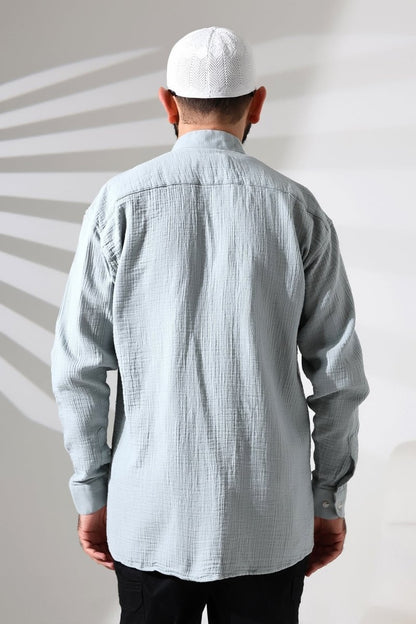 Men's Muslin Shirt, Mandarin Collar, Long Sleeves, Breathable Cotton Fabric, Blue - ihvan