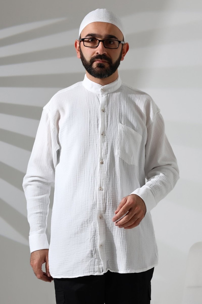 Men's Muslin Shirt, Mandarin Collar, Long Sleeves, Breathable Cotton, White - ihvan