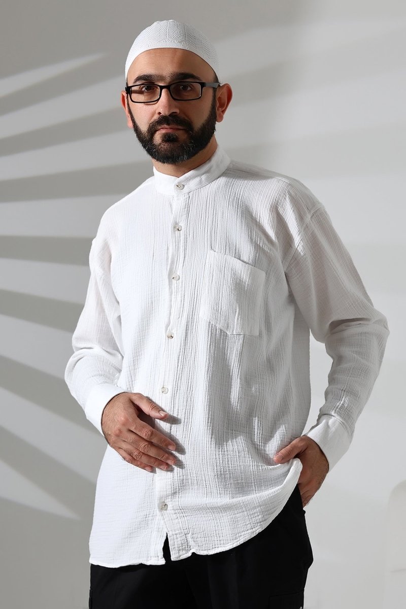 Men's Muslin Shirt, Mandarin Collar, Long Sleeves, Breathable Cotton, White - ihvan