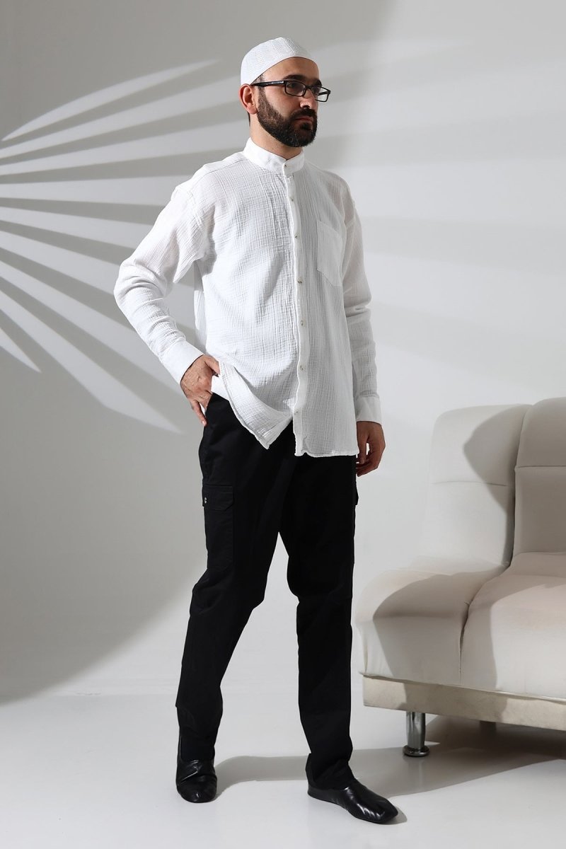 Men's Muslin Shirt, Mandarin Collar, Long Sleeves, Breathable Cotton, White - ihvan