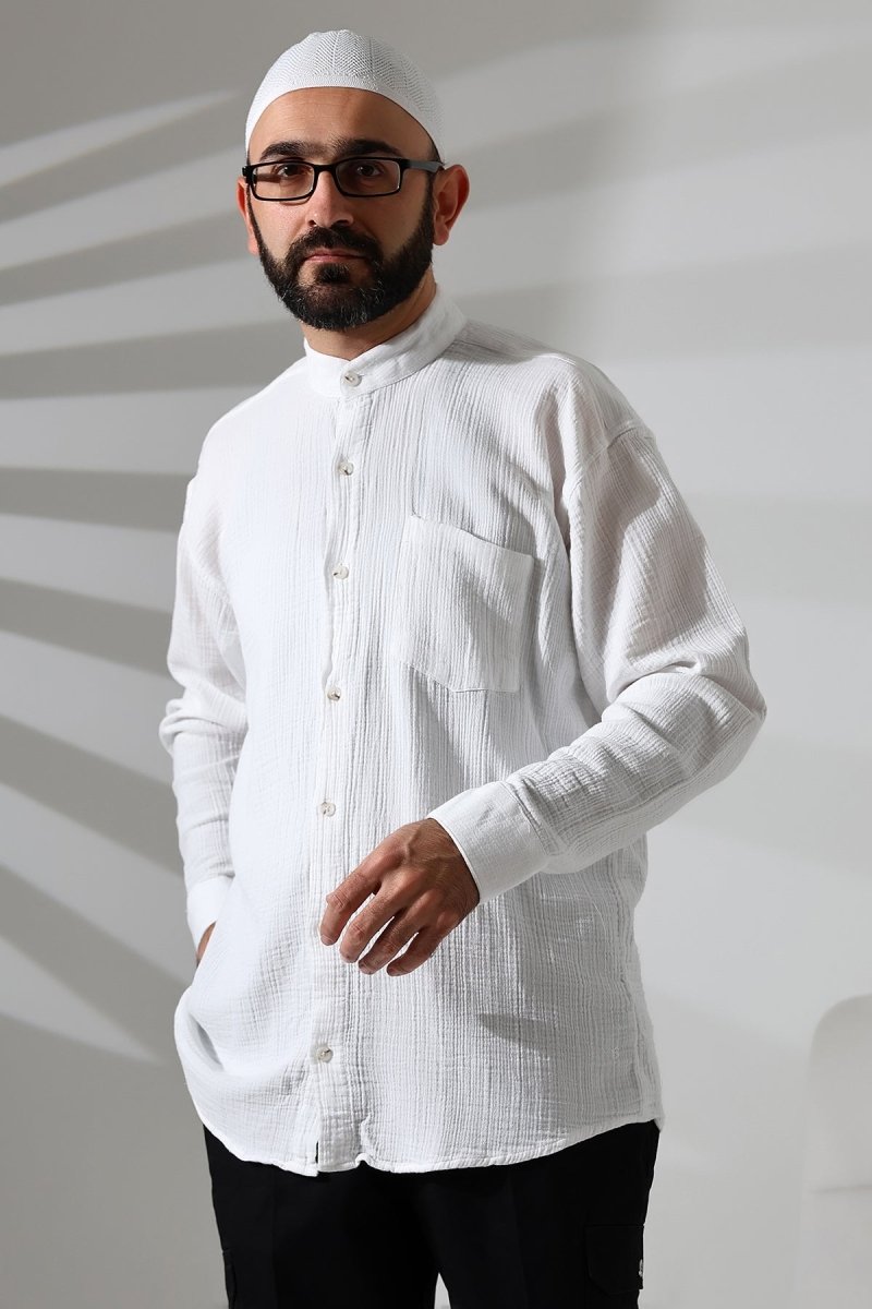 Men's Muslin Shirt, Mandarin Collar, Long Sleeves, Breathable Cotton, White - ihvan