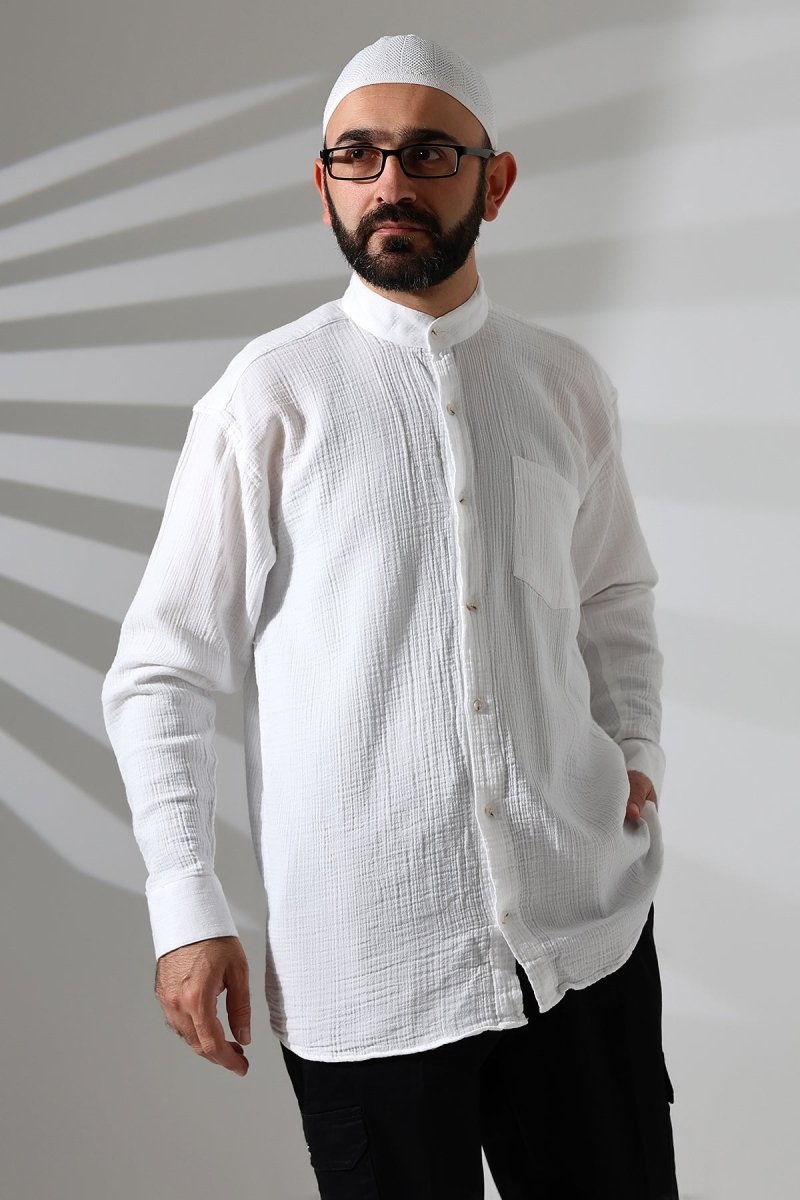 Men's Muslin Shirt, Mandarin Collar, Long Sleeves, Breathable Cotton, White - ihvan