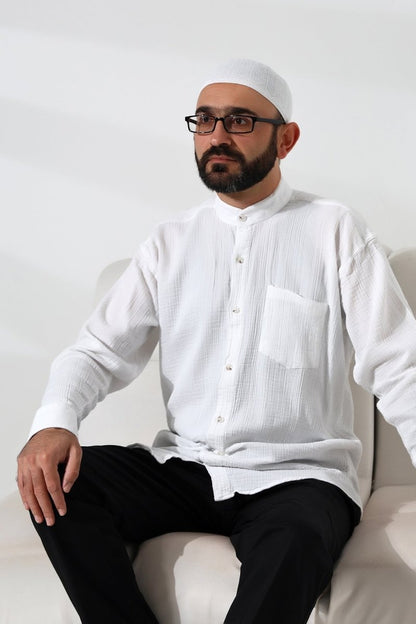 Men's Muslin Shirt, Mandarin Collar, Long Sleeves, Breathable Cotton, White - ihvan