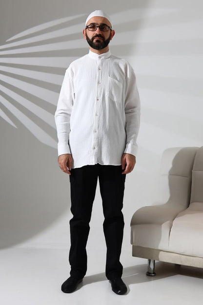 Men's Muslin Shirt, Mandarin Collar, Long Sleeves, Breathable Cotton, White - ihvan