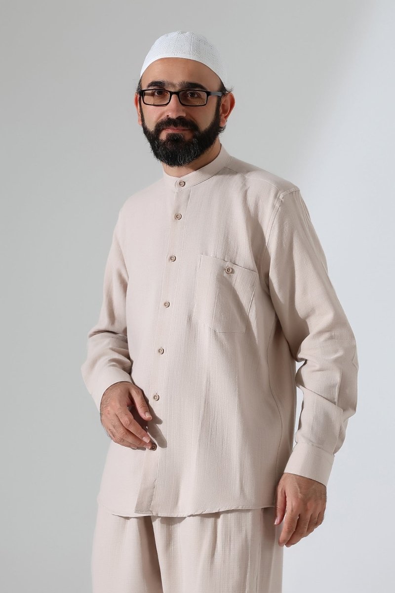 Men's Muslin Shirt, Mandarin Collar, Long Sleeves, Cotton Hajj/Umrah Shirt - Beige (ANS) - ihvan