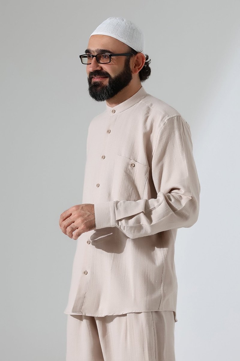 Men's Muslin Shirt, Mandarin Collar, Long Sleeves, Cotton Hajj/Umrah Shirt - Beige (ANS) - ihvan