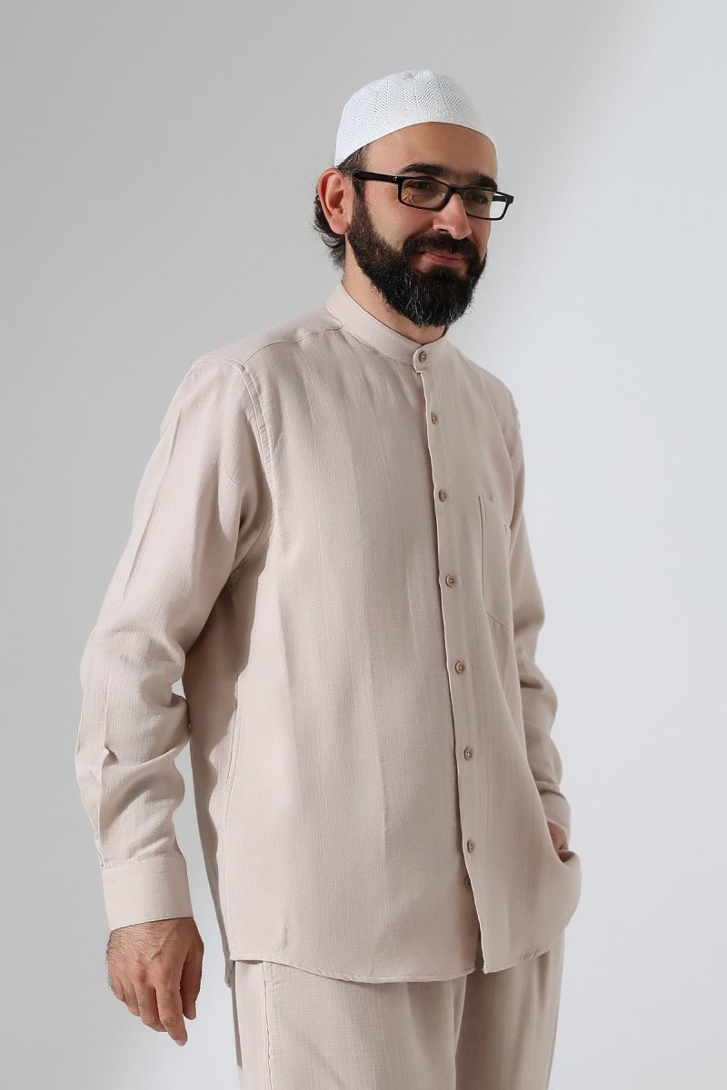 Men's Muslin Shirt, Mandarin Collar, Long Sleeves, Cotton Hajj/Umrah Shirt - Beige (ANS) - ihvan