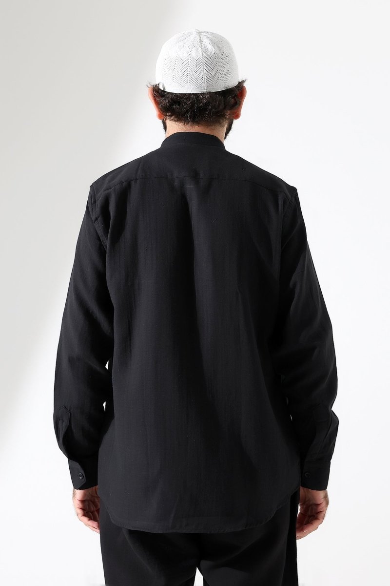 Men's Muslin Shirt, Mandarin Collar, Long Sleeves, Cotton Hajj/Umrah Shirt - Black (ANS) - ihvan
