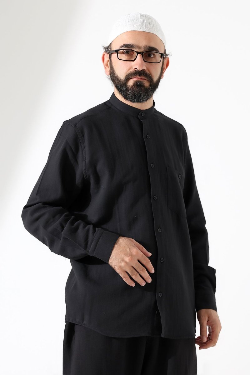 Men's Muslin Shirt, Mandarin Collar, Long Sleeves, Cotton Hajj/Umrah Shirt - Black (ANS) - ihvan