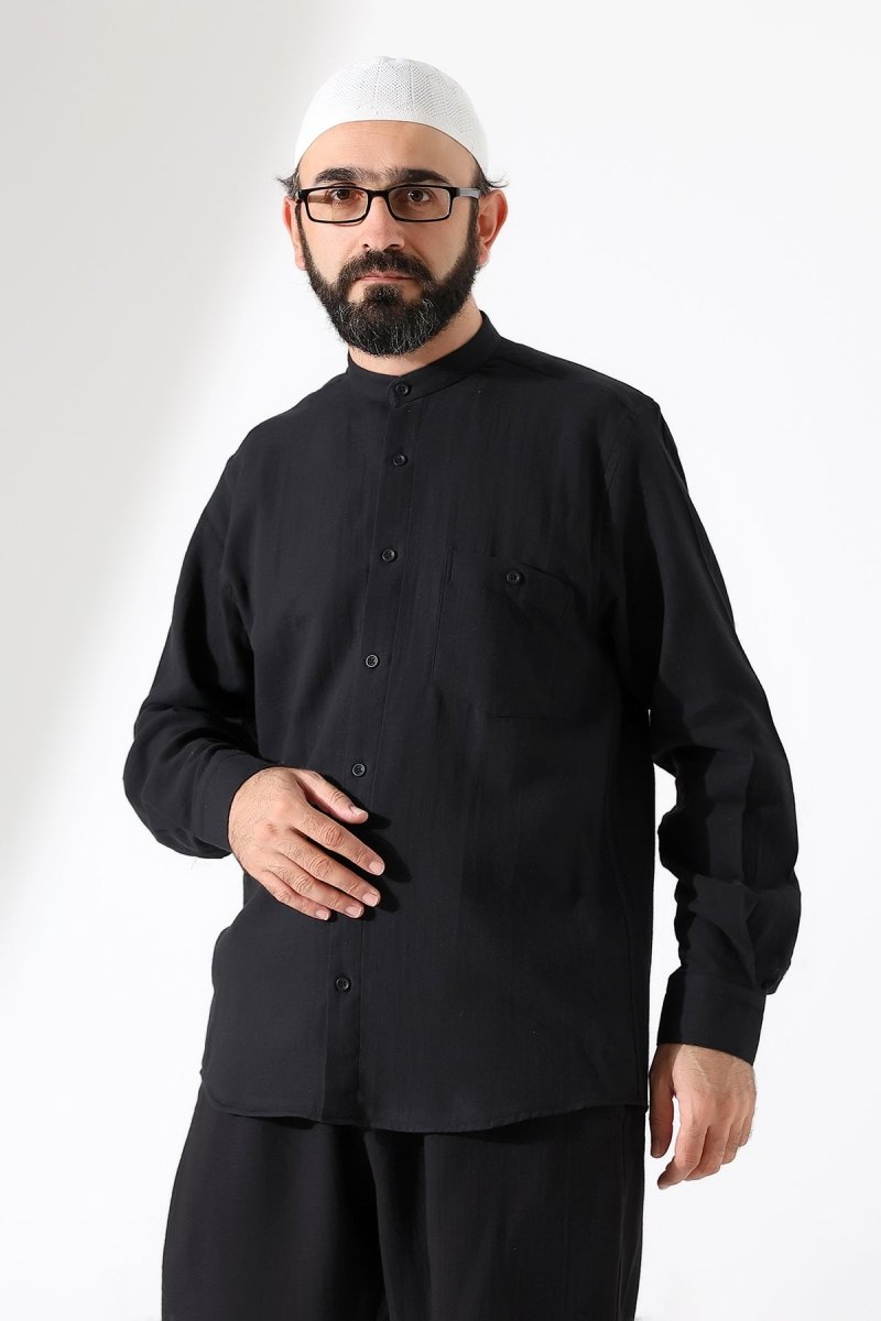 Men's Muslin Shirt, Mandarin Collar, Long Sleeves, Cotton Hajj/Umrah Shirt - Black (ANS) - ihvan