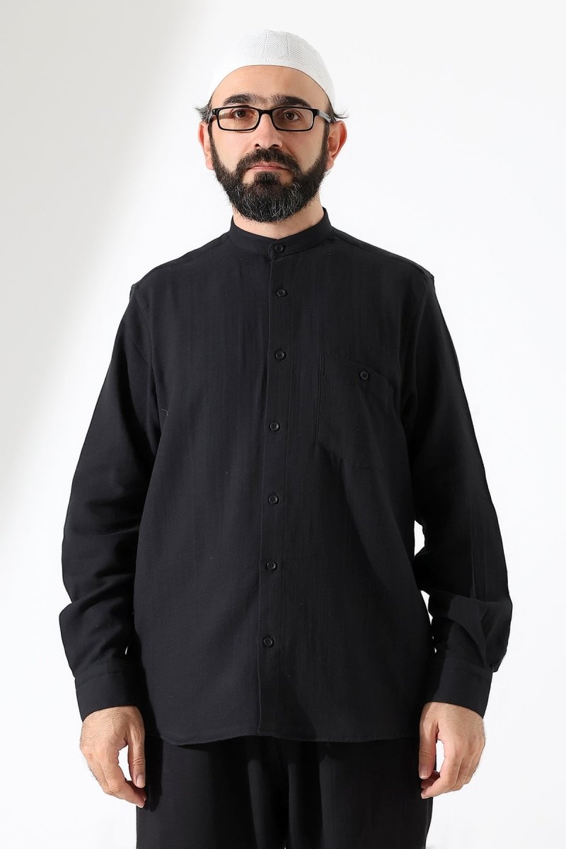 Men's Muslin Shirt, Mandarin Collar, Long Sleeves, Cotton Hajj/Umrah Shirt - Black (ANS) - ihvan