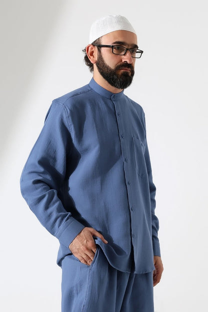 Men's Muslin Shirt, Mandarin Collar, Long Sleeves, Cotton Hajj/Umrah Shirt - Blue (ANS) - ihvan