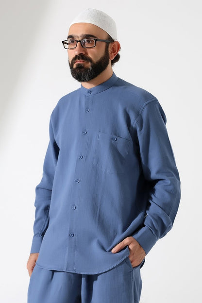 Men's Muslin Shirt, Mandarin Collar, Long Sleeves, Cotton Hajj/Umrah Shirt - Blue (ANS) - ihvan