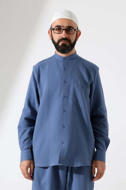 Men's Muslin Shirt, Mandarin Collar, Long Sleeves, Cotton Hajj/Umrah Shirt - Blue (ANS) - ihvan