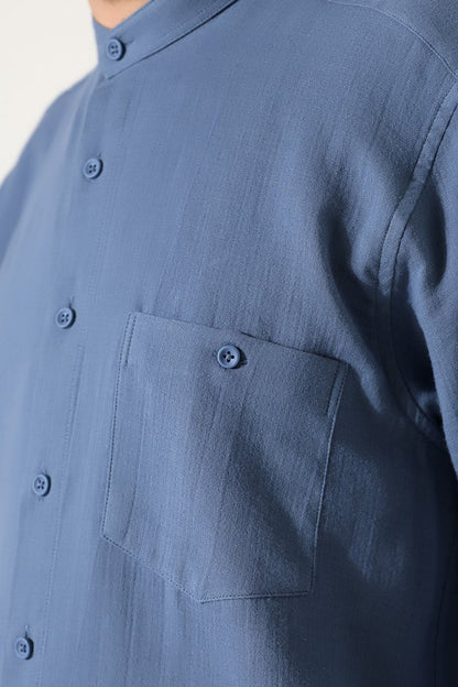 Men's Muslin Shirt, Mandarin Collar, Long Sleeves, Cotton Hajj/Umrah Shirt - Blue (ANS) - ihvan
