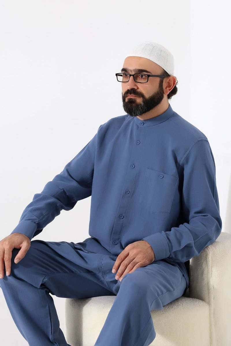 Men's Muslin Shirt, Mandarin Collar, Long Sleeves, Cotton Hajj/Umrah Shirt - Blue (ANS) - ihvan