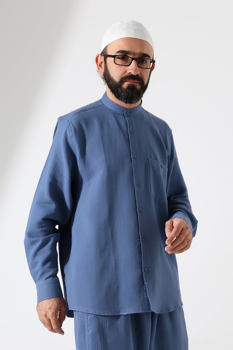 Men's Muslin Shirt, Mandarin Collar, Long Sleeves, Cotton Hajj/Umrah Shirt - Blue (ANS) - ihvan