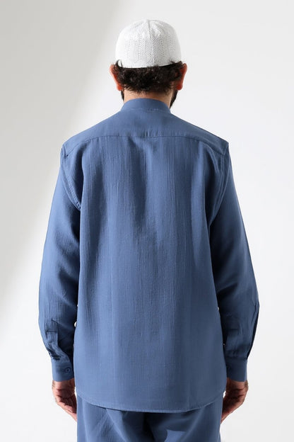 Men's Muslin Shirt, Mandarin Collar, Long Sleeves, Cotton Hajj/Umrah Shirt - Blue (ANS) - ihvan