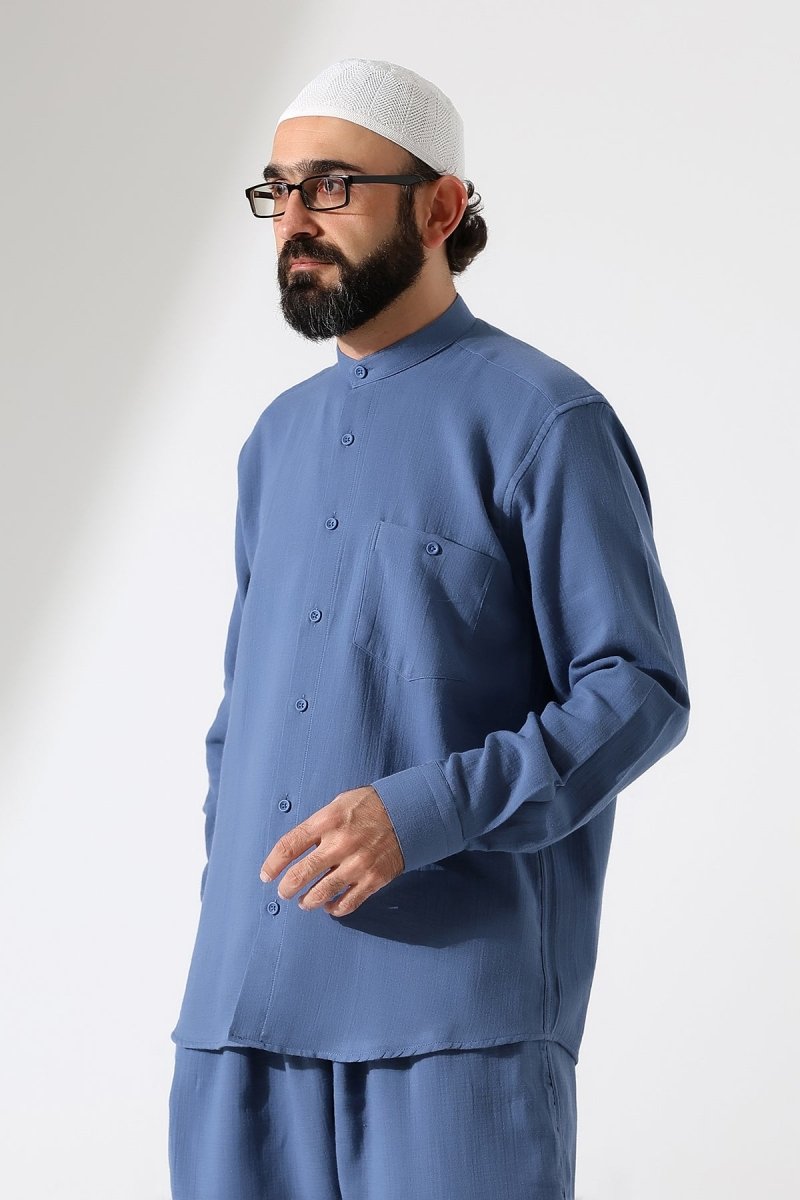 Men's Muslin Shirt, Mandarin Collar, Long Sleeves, Cotton Hajj/Umrah Shirt - Blue (ANS) - ihvan