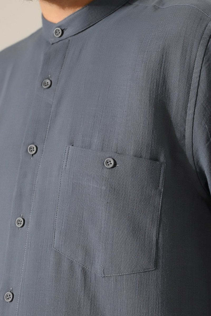 Men's Muslin Shirt, Mandarin Collar, Long Sleeves, Cotton Hajj/Umrah Shirt - Dark Gray (ANS) - ihvan