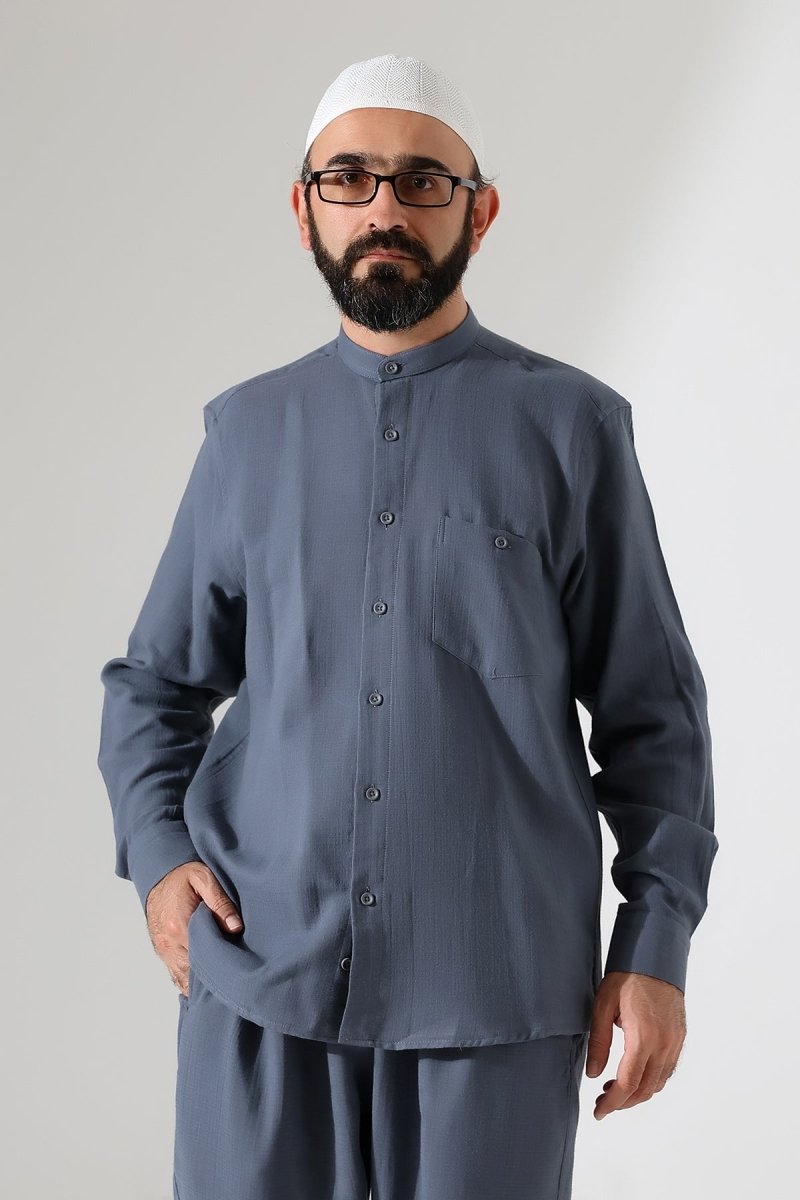 Men's Muslin Shirt, Mandarin Collar, Long Sleeves, Cotton Hajj/Umrah Shirt - Dark Gray (ANS) - ihvan