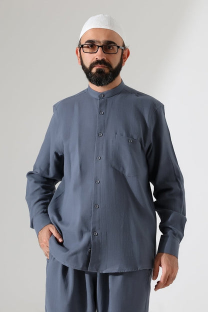 Men's Muslin Shirt, Mandarin Collar, Long Sleeves, Cotton Hajj/Umrah Shirt - Dark Gray (ANS) - ihvan
