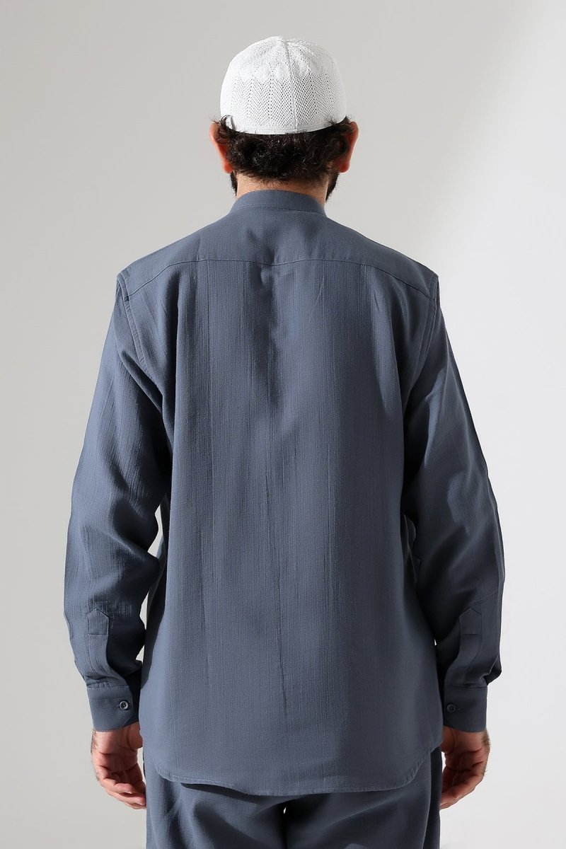 Men's Muslin Shirt, Mandarin Collar, Long Sleeves, Cotton Hajj/Umrah Shirt - Dark Gray (ANS) - ihvan