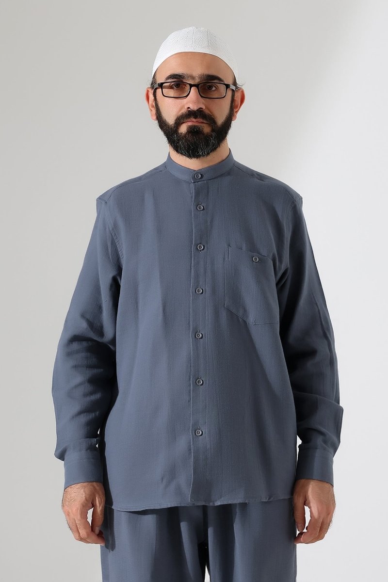 Men's Muslin Shirt, Mandarin Collar, Long Sleeves, Cotton Hajj/Umrah Shirt - Dark Gray (ANS) - ihvan