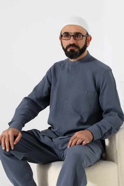Men's Muslin Shirt, Mandarin Collar, Long Sleeves, Cotton Hajj/Umrah Shirt - Dark Gray (ANS) - ihvan