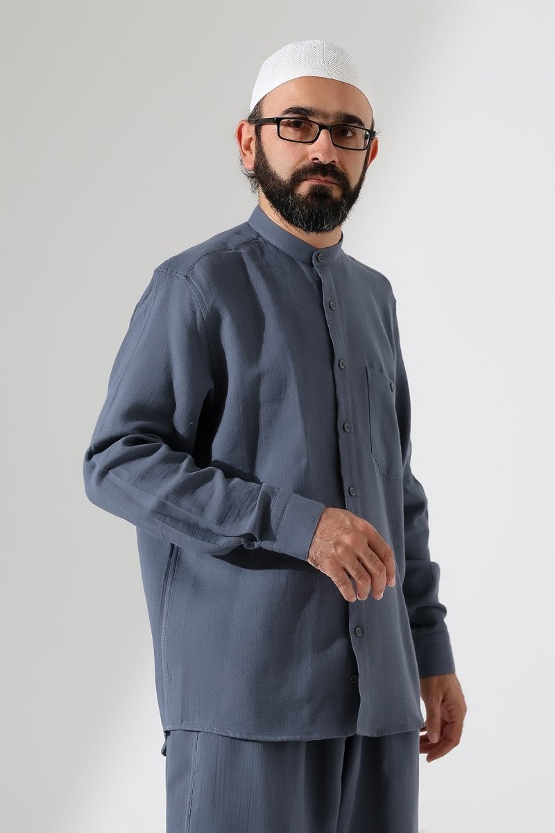 Men's Muslin Shirt, Mandarin Collar, Long Sleeves, Cotton Hajj/Umrah Shirt - Dark Gray (ANS) - ihvan