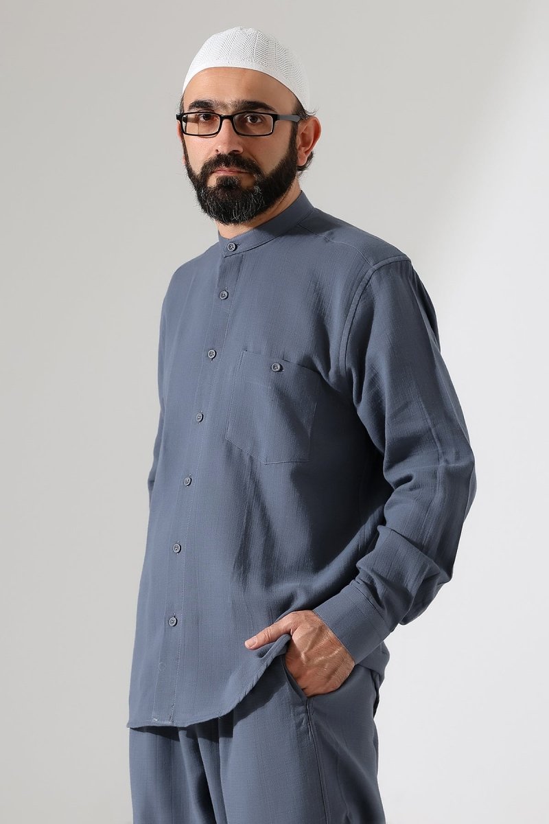 Men's Muslin Shirt, Mandarin Collar, Long Sleeves, Cotton Hajj/Umrah Shirt - Dark Gray (ANS) - ihvan