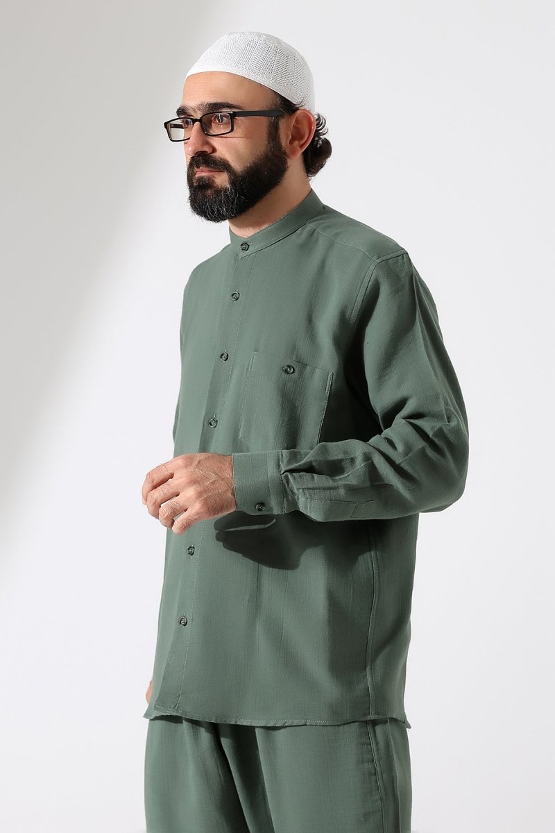 Men's Muslin Shirt, Mandarin Collar, Long Sleeves, Cotton Hajj/Umrah Shirt - Green (ANS) - ihvan