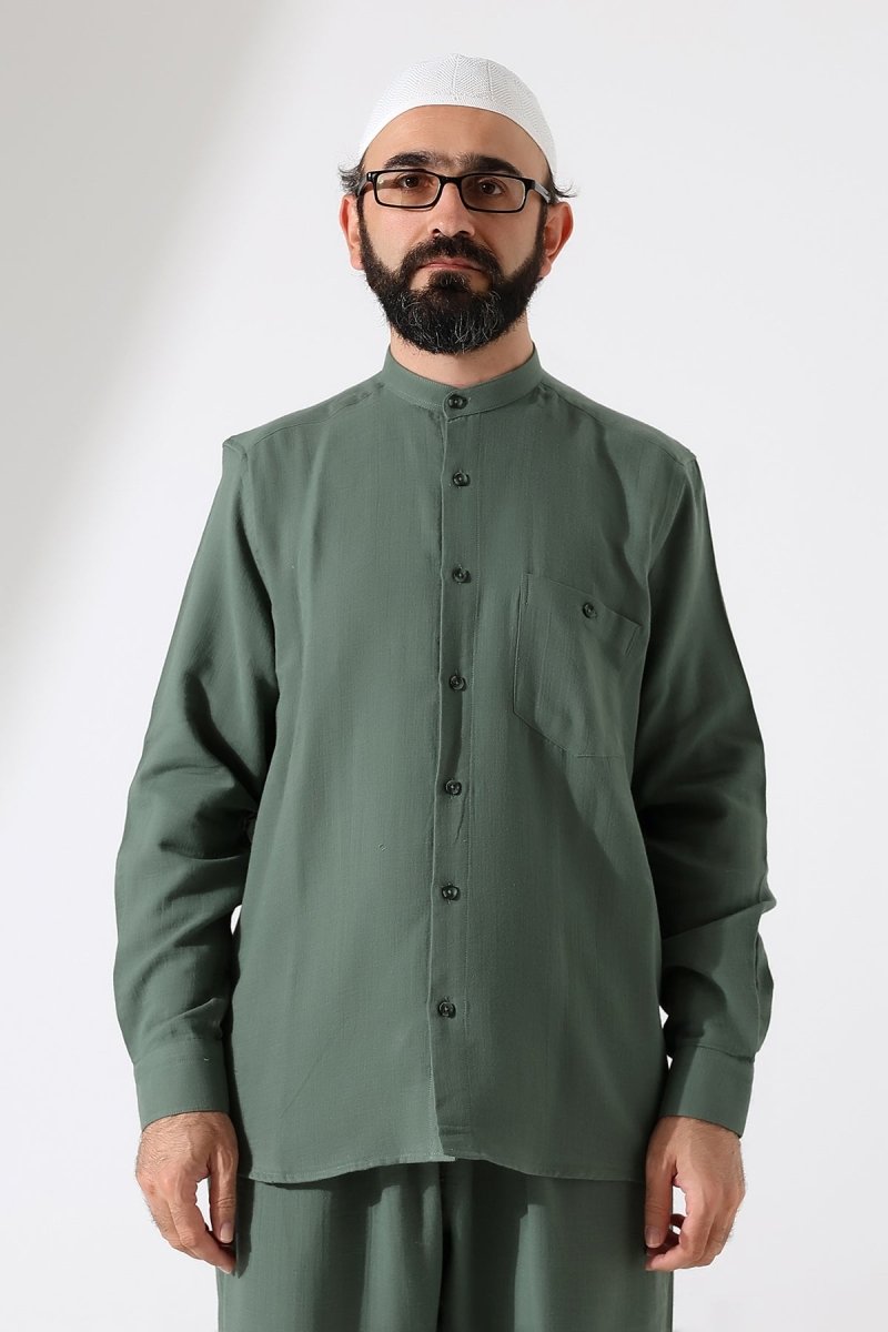 Men's Muslin Shirt, Mandarin Collar, Long Sleeves, Cotton Hajj/Umrah Shirt - Green (ANS) - ihvan