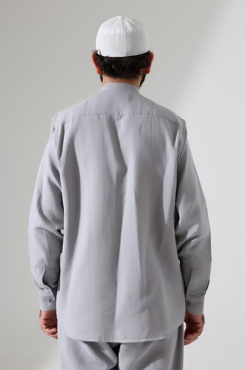 Men's Muslin Shirt, Mandarin Collar, Long Sleeves, Cotton Hajj/Umrah Shirt - Grey (ANS) - ihvan