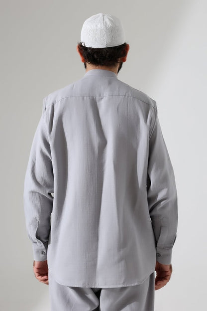 Men's Muslin Shirt, Mandarin Collar, Long Sleeves, Cotton Hajj/Umrah Shirt - Grey (ANS) - ihvan