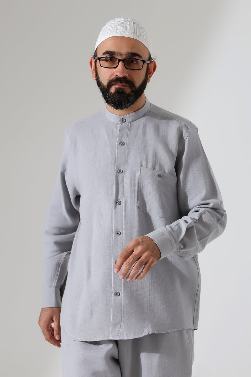 Men's Muslin Shirt, Mandarin Collar, Long Sleeves, Cotton Hajj/Umrah Shirt - Grey (ANS) - ihvan