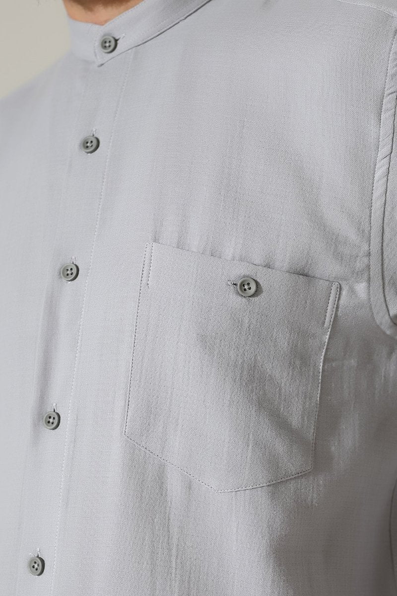 Men's Muslin Shirt, Mandarin Collar, Long Sleeves, Cotton Hajj/Umrah Shirt - Grey (ANS) - ihvan