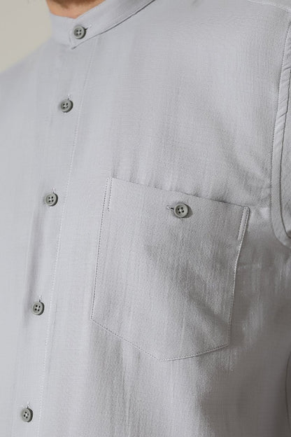 Men's Muslin Shirt, Mandarin Collar, Long Sleeves, Cotton Hajj/Umrah Shirt - Grey (ANS) - ihvan