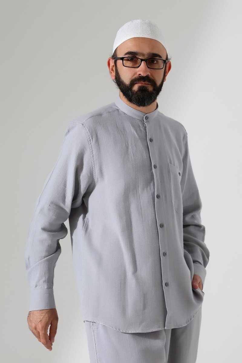 Men's Muslin Shirt, Mandarin Collar, Long Sleeves, Cotton Hajj/Umrah Shirt - Grey (ANS) - ihvan