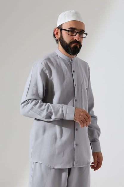 Men's Muslin Shirt, Mandarin Collar, Long Sleeves, Cotton Hajj/Umrah Shirt - Grey (ANS) - ihvan