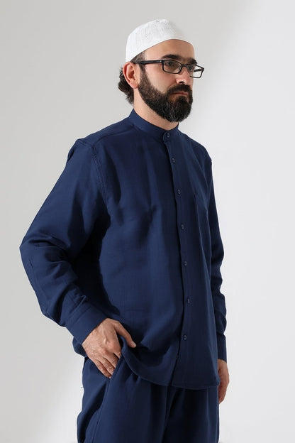 Men's Muslin Shirt, Mandarin Collar, Long Sleeves, Cotton Hajj/Umrah Shirt - Navy Blue (ANS) - ihvan