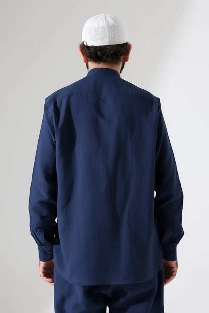 Men's Muslin Shirt, Mandarin Collar, Long Sleeves, Cotton Hajj/Umrah Shirt - Navy Blue (ANS) - ihvan