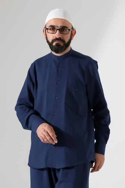 Men's Muslin Shirt, Mandarin Collar, Long Sleeves, Cotton Hajj/Umrah Shirt - Navy Blue (ANS) - ihvan
