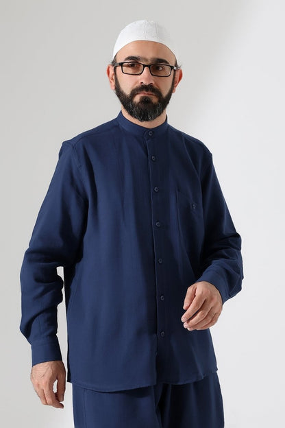 Men's Muslin Shirt, Mandarin Collar, Long Sleeves, Cotton Hajj/Umrah Shirt - Navy Blue (ANS) - ihvan