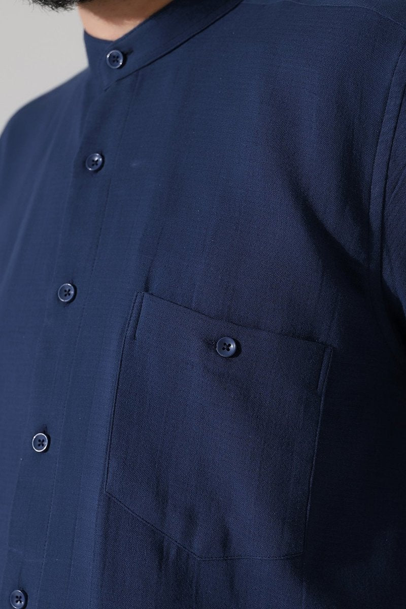 Men's Muslin Shirt, Mandarin Collar, Long Sleeves, Cotton Hajj/Umrah Shirt - Navy Blue (ANS) - ihvan