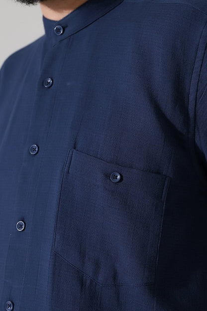 Men's Muslin Shirt, Mandarin Collar, Long Sleeves, Cotton Hajj/Umrah Shirt - Navy Blue (ANS) - ihvan